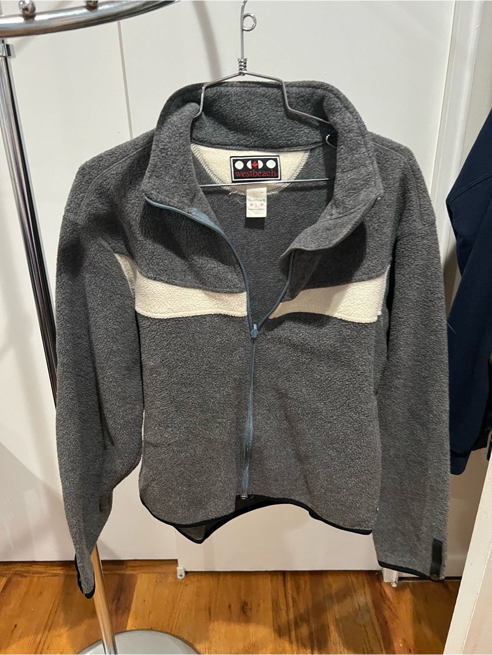 Womens Gray Fleece Jacket with Cream Stripe